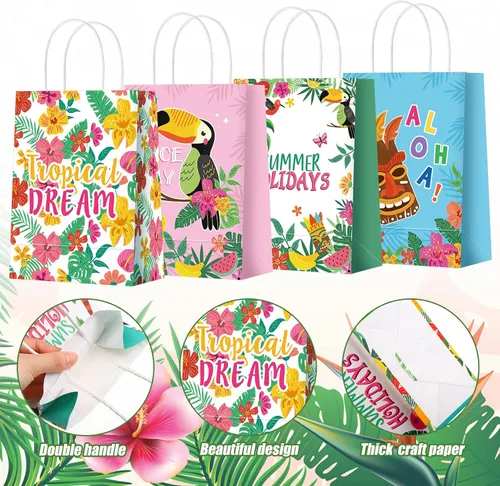 Miniatura 5 de Outus 24 Piezas Bolsas de Favor de Fiesta Hawaiana de Verano Bolsas de Papel de Regalo Tropical Goodie con Asas Aloha Tiki Luau Hojas de Palma