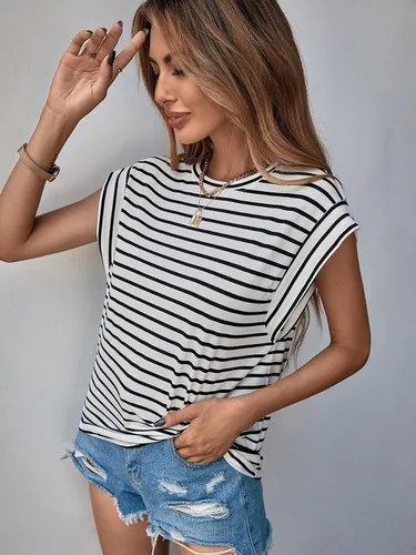 Miniatura 3 de Floerns Camiseta casual de manga casquillo con estampado de rayas para mujer
