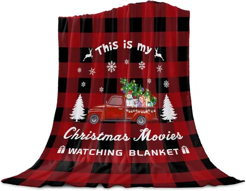 Manta de Navidad para Camión, Super Suave de Franela y Forro Polar, "Esta es mi manta para ver películas de Navidad", Árbol Camión Rojo a Cuadros