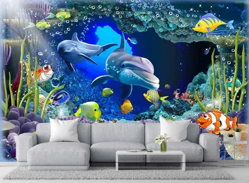 Fondos de pantalla de flora y fauna del lecho marino, murales de pared de delfines y peces marinos nadando libremente, grandes murales de arte (no