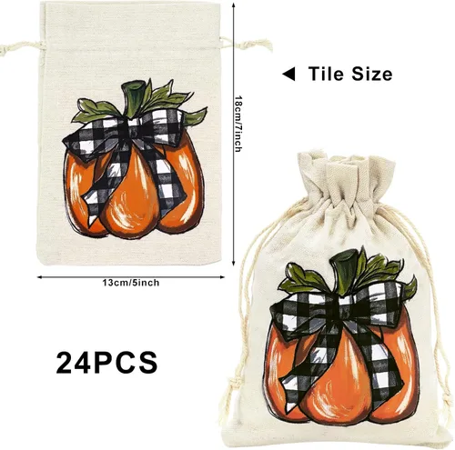 Miniatura 2 de Whaline Paquete de 24 bolsas de arpillera de otoño, bolsas con cordón de calabaza, bolsas de regalo de calabaza a cuadros de acuarela, bolsa