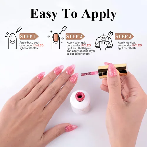 Miniatura 5 de Esmalte de uñas de gel con purpurina, 0.5 fl oz, color rosa brillante, de remojo, con LED, UV, kit de esmalte de uñas de gel para manicura en salón
