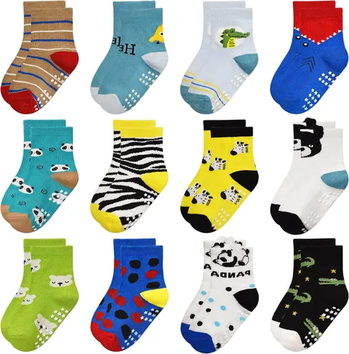 Miniatura 10 de Calcetines antideslizantes para niños pequeños con agarre, 12 pares de calcetines antideslizantes de dibujos animados para niños y niñas