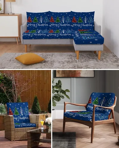 Miniatura 6 de Navy Blue Christmas Couch Cushion Covers, Stretch Sofa Cover with Elastic Bottom, Xmas Tree Winter Snowflake Sofa Slipcovers Protector Washable