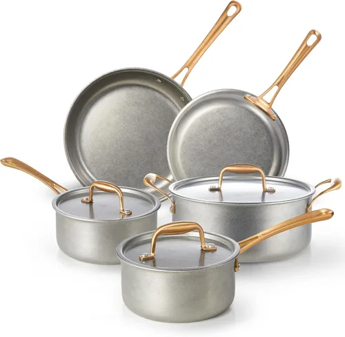 KOKHUB Juego de 8 ollas y sartenes, juego de utensilios de cocina vintage de acero inoxidable, no tóxico, sin PFOA/PFOS/PTFE, juego de cocina con