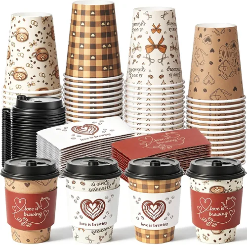 Lallisa 48 Pack 12 oz Love Is Brewing Paper Coffee Cups with Lids and Sleeves Wedding Bridal Shower Disposable Drink Cups for for Hot Cold Drinks,
