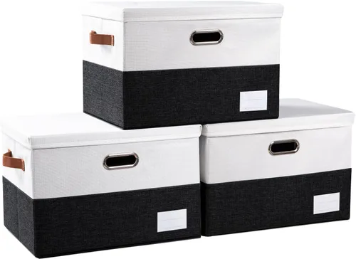 Miniatura 30 de PRANDOM Contenedor de almacenamiento plegable con tapa [1 unidad] Caja de almacenamiento decorativa de tela de lino, cesta organizadora con asas