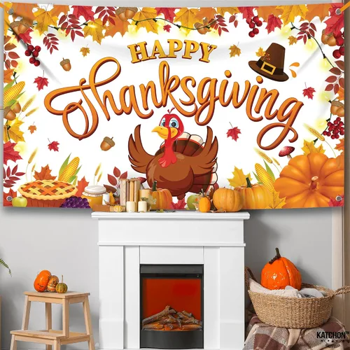 Miniatura 7 de KatchOn, Cartel de Feliz Acción de Gracias – Xtragrande, 72 x 44 pulgadas, telón de fondo de pavo para decoraciones de Acción de Gracias en Blanco