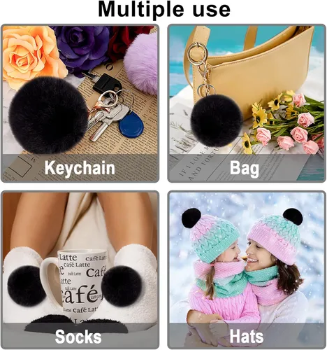 Miniatura 4 de BQTQ 26 piezas pompones de piel sintética de conejo pelotas pom pom negras pompones esponjosos con lazo elástico manualidades para sombreros