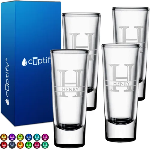 Miniatura 88 de Vaso de chupito personalizado con fondo verde azulado personalizado de 2 oz, vasos de chupito cordial con inicial en script dividido y nombre