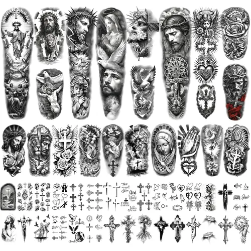 Yazhiji 48 hojas de tatuajes temporales cristianos de brazo completo para adultos, tatuajes falsos de medio brazo religiosos de Jesús Cristo, cruz,