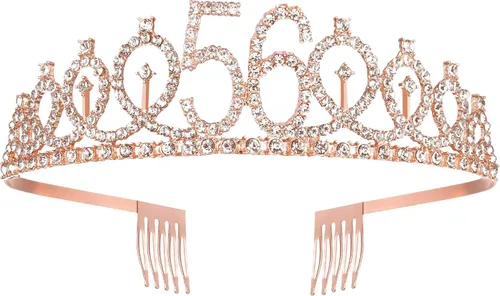Miniatura 2 de BRT Bearingshui Banda y tiara de cumpleaños número 56 para mujer, corona de banda de cumpleaños de oro rosa 56 fabulosa banda y tiara para mujer