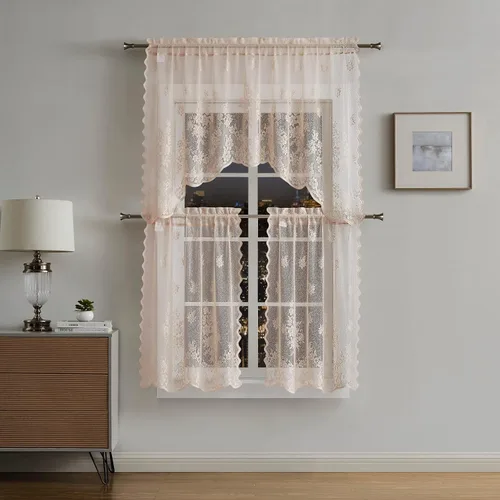 Miniatura 9 de Warm Home Designs El paquete de 3 cortinas de lino dorado para ventana de cocina incluye 2 niveles de 24 pulgadas y cenefa con festón. Juego