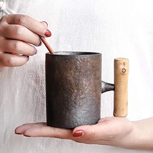 Miniatura 7 de Taza de café de cerámica vintage de estilo japonés, taza de té con leche y cerveza con mango de madera, taza para agua, oficina en casa (estilo 2 A)