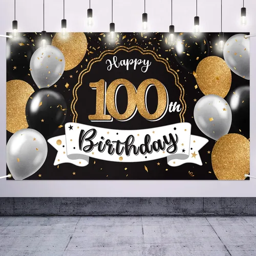 Decoración de feliz cumpleaños número 100, globo negro y dorado número 100, cartel de fondo grande de cumpleaños – Decoración de fiesta de