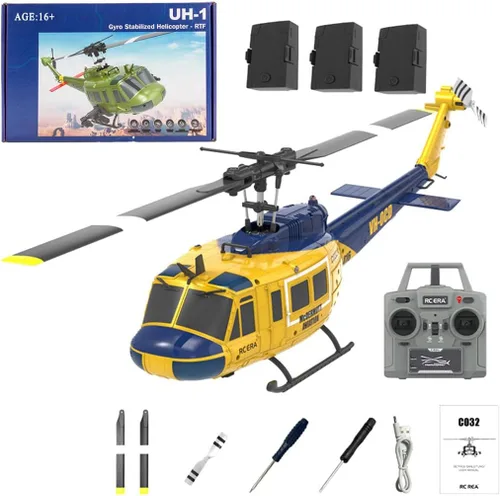 C032 UH-1 Huey Helicóptero RC para adultos, escala 1/48 2.4G 6CH Flybarless Stunt RC Plane giroscopio de 6 ejes posicionamiento de flujo óptico,