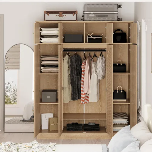 Miniatura 8 de Armario grande de 4 puertas con puertas de ratán, armario de madera independiente de 70.87 pulgadas de alto con barra para colgar y estantes