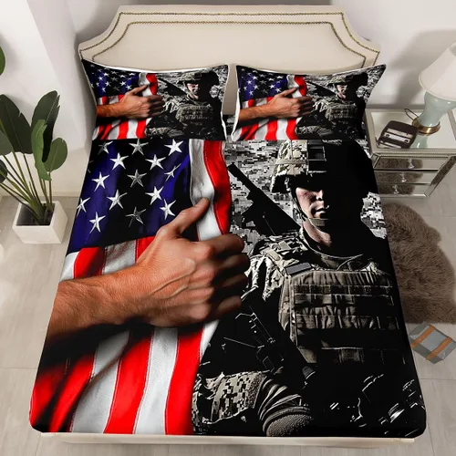Juego de ropa de cama de bandera estadounidense tamaño individual para niños, adolescentes y hombres, retro, verde militar, camuflaje, bandera de