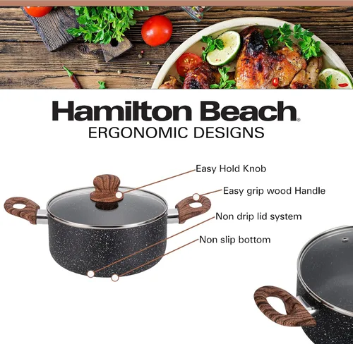 Miniatura 2 de Hamilton Beach Revestimiento de mármol antiadherente de 3 cuartos de galón con calefacción uniforme, olla de horno holandés redonda con tapa