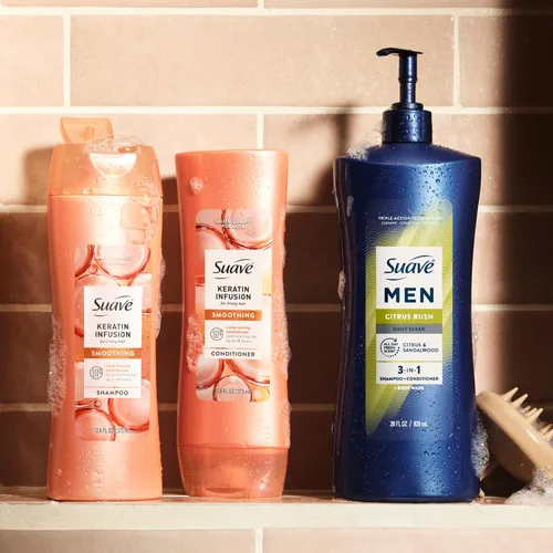Miniatura 8 de Suave Men Citrus Rush Daily Clean 3 en 1 champú, acondicionador y gel de baño con glicerina y queratina hidrata y suaviza el cabello, aroma cítrico