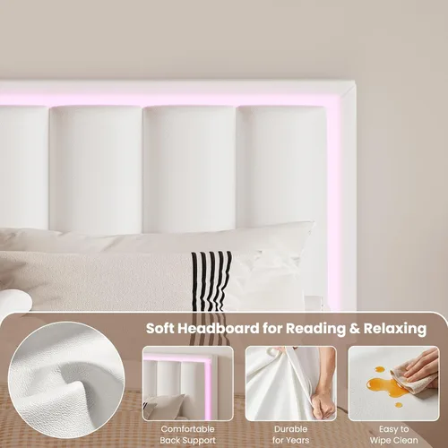 Miniatura 3 de Base de cama tamaño Queen con 4 cajones de almacenamiento, base de cama tapizada Queen con cabecero, luces LED RGB, base de metal resistente y Blanco