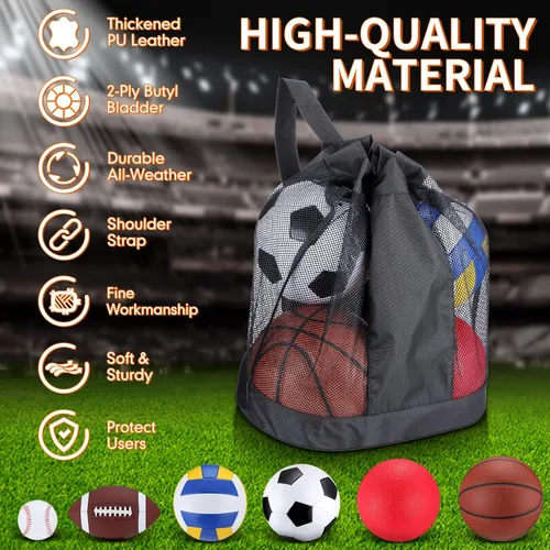 Miniatura 3 de Libima Juego de 6 Pelotas Multideporte de Tamaño Oficial Fútbol Baloncesto Fútbol Soccer Voleibol Pelota de Patio Béisbol con Bolsa de Equipo