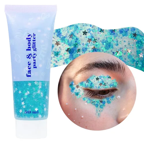 Miniatura 20 de DAGEDA Gel de purpurina corporal, lentejuelas de gel corporal con purpurina para la cara, sombra de ojos líquida, purpurina gruesa para cara, Sirena
