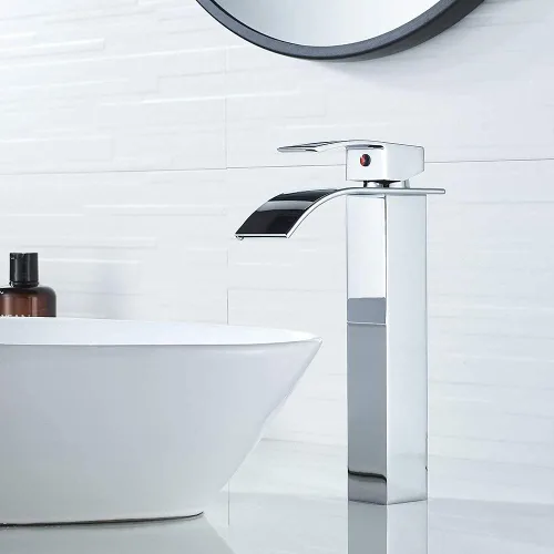 Miniatura 3 de VOTON Grifo de Fregadero de Recipiente Cromado Moderno Alto Cascada Grifo de Lavabo de Baño de Una Sola Manija Grifo de Baño de 1 Orificio Grifo
