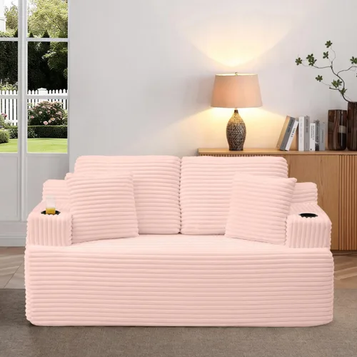 Miniatura 50 de Sofá sin hueso de 66.5 pulgadas con portavasos y bolsillos laterales, sofá biplaza tapizado de tela de pana moderna con 2 almohadas para sala