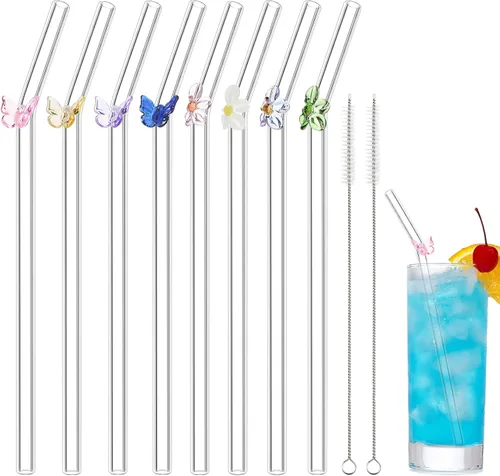 8 pajitas de vidrio reutilizables con flores de mariposa de vidrio transparente, resistente a los golpes, dobladas, coloridas y florales, lindas