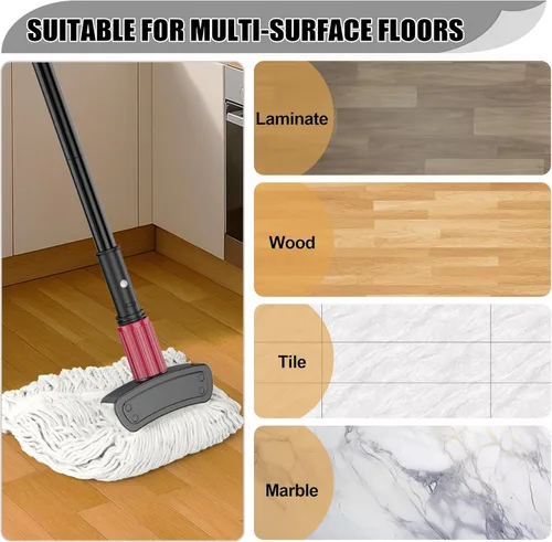 Miniatura 7 de Trapeadores comerciales para limpieza de suelos, trapeador húmedo resistente con mango largo para azulejos de madera dura, cabezal de algodón