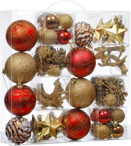 Valery Madelyn Juego de adornos de Navidad, 70 unidades, color rojo y marrón, irrompibles, decoración de árbol de Navidad, adornos colgantes de