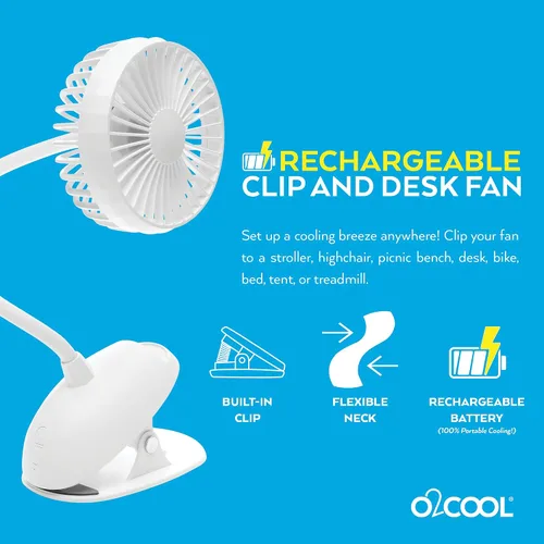 Miniatura 4 de O2COOL Ventilador de clip de batería USB recargable de 5 pulgadas, ventilador ajustable con 3 velocidades, cuello ajustable, cuello de cisne largo