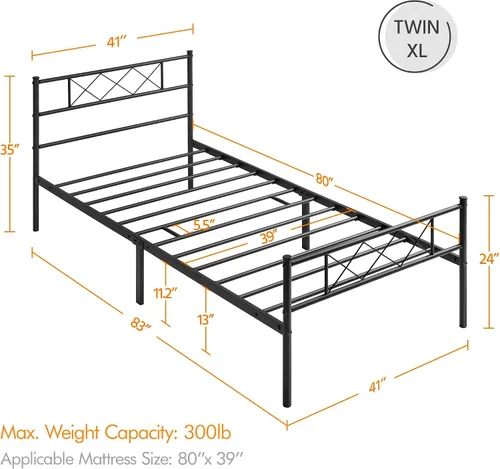 Miniatura 2 de Topeakmart Base de cama de metal negro con cabecero, base de colchón, cama de plataforma, base de cama con listones, tamaño individual XL