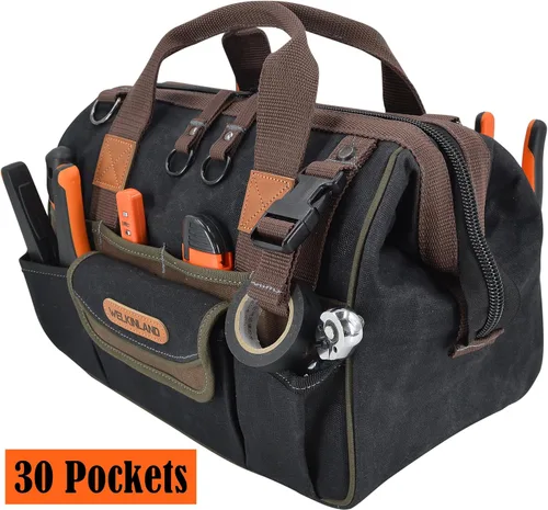 Miniatura 5 de WELKINLAND Bolsa de herramientas de lona de 30 bolsillos, bolsas enceradas de 14 pulgadas de alta resistencia, bolsa de herramientas, electricista