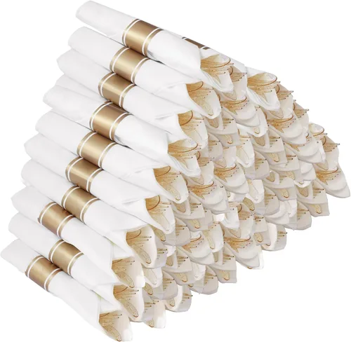 Miniatura 9 de Goodluck Paquete de 50 cubiertos de plástico color oro rosa preenrollados, juego de cubiertos de plástico envuelto con servilleta incluye 50