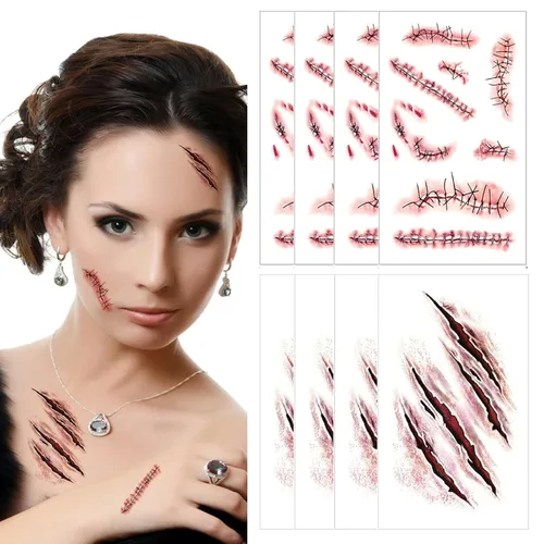 Cara y cuerpo de terror realista de cicatriz falsa, impermeable, tatuajes temporales, calcomanías para Halloween, día del inocente, zombi, 8 hojas