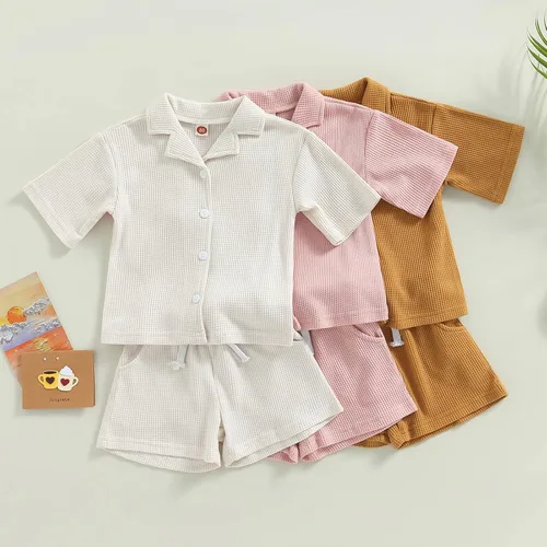 Miniatura 2 de Mubineo Pantalones cortos básicos de verano para bebés y niñas pequeñas, camisa con botones, ropa