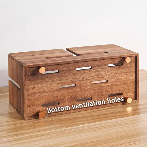 Miniatura 4 de SARUFO Caja de organización de cables de madera de acacia, organizador de cables de madera con 4 pies de metal, organizador para escritorio y piso