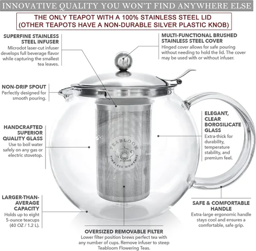 Miniatura 3 de Teabloom Tetera y tetera de vidrio todo en uno – Tetera de vidrio de borosilicato resistente al calor con infusor de té suelto de acero inoxidable