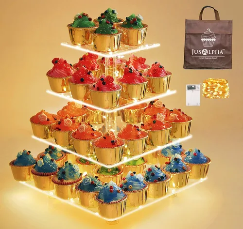Miniatura 10 de Jusalpha Soporte cuadrado de 5 niveles para cupcakes con luz, soporte para cupcakes de alta calidad, bandeja para servir, torre acrílica