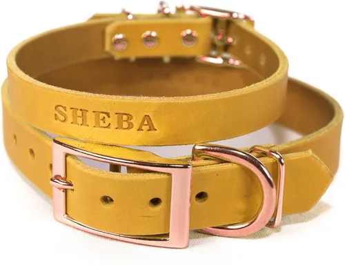 Miniatura 14 de Collar de cuero personalizado hecho a mano para perro con bridón grabado con el nombre de la mascota, herrajes en tono cobre/oro rosa (negro)