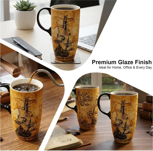 Miniatura 9 de Topadorn Taza de Viaje de Cerámica con Tapa y Asa - Taza de Café de Cerámica de 17 Oz Taza de Té Latte con Caja de Color, Tapa Resistente a VELERO