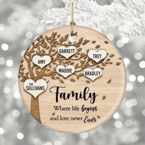 Miniatura 4 de Family Where Life Begins and Never Ends - Adorno de Navidad personalizado de cerámica de 3 pulgadas con caja de regalo (5 nombres)