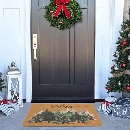 Miniatura 7 de Felpudo de bienvenida de pino verde invierno para interiores y exteriores e interiores de fibra de coco artificial - Alfombras de temporada