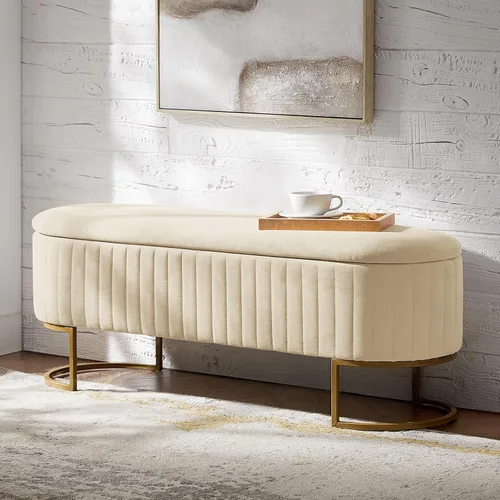 Miniatura 2 de EcoHarbor Living Banco de almacenamiento de 50.5" para pasillo, otomano tapizado con extremo de cama de terciopelo con patas doradas, reposapiés