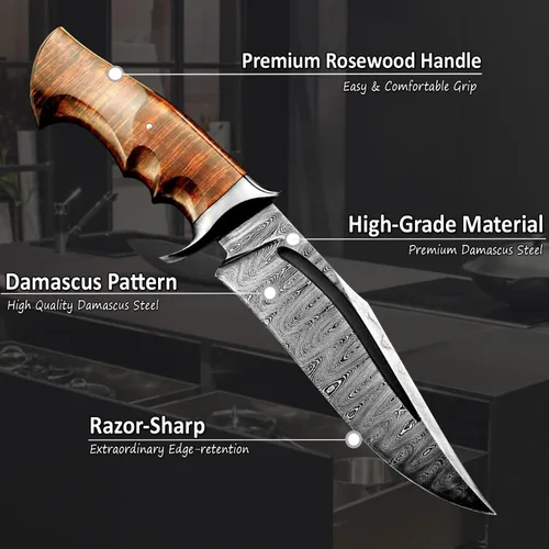 Miniatura 4 de Cuchillo de caza de Damasco hecho a mano con funda de piel Ideal para despellejado, camping, senderismo, actividades al aire libre Cuchillo