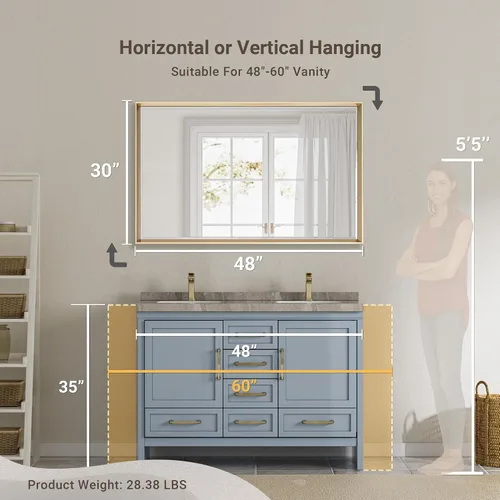 Miniatura 6 de Espejo de baño dorado de 48 x 30 pulgadas, espejo de baño biselado de oro cepillado, espejo rectangular grande con marco dorado inastillable, espejo