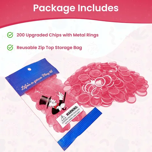 Miniatura 2 de MR CHIPS Chips de bingo magnéticos con anillo de metal de 3/4 pulgadas, 200 piezas mejoradas, rosa transparente, disponibles en 7 colores, una bolsa