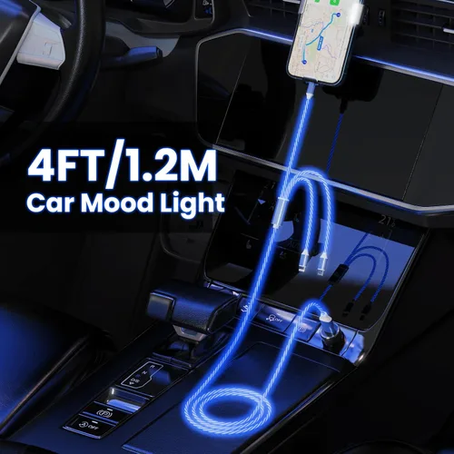 Miniatura 4 de Cable de carga con luz LED que fluye 3 en 1 Lightning/Type C/Micro USB brillante para automóvil para iPhone, cable de carga para automóvil azul